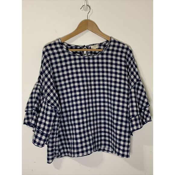 Caution To The Wind Navy White  Gingham Check 3/4 Slv Top Sz M Bell Sleeve Boho - Picture 1 of 4